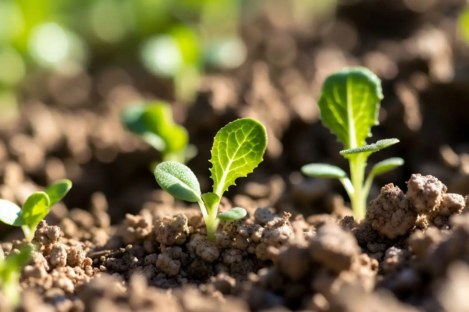 Young lettuce seedlings emerging from soil planted at proper 1/8 inch depth