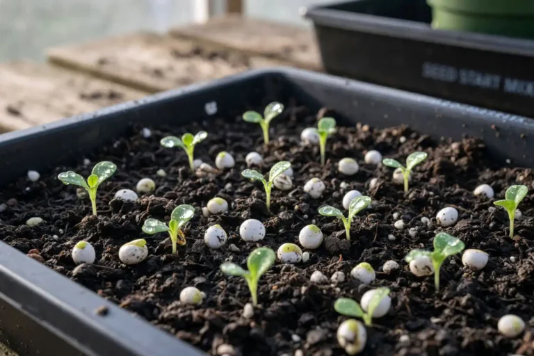 Lettuce seedlings germinating from seed-starting mix showing proper depth and moisture