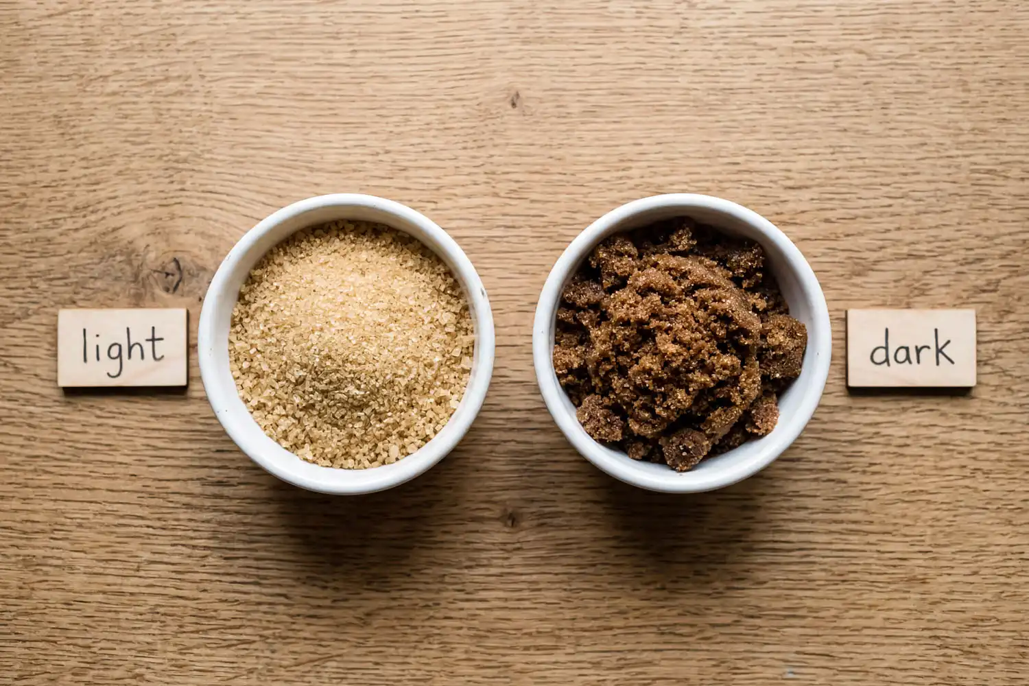 Side by side comparison of light brown sugar and dark brown sugar showing the difference in molasses content