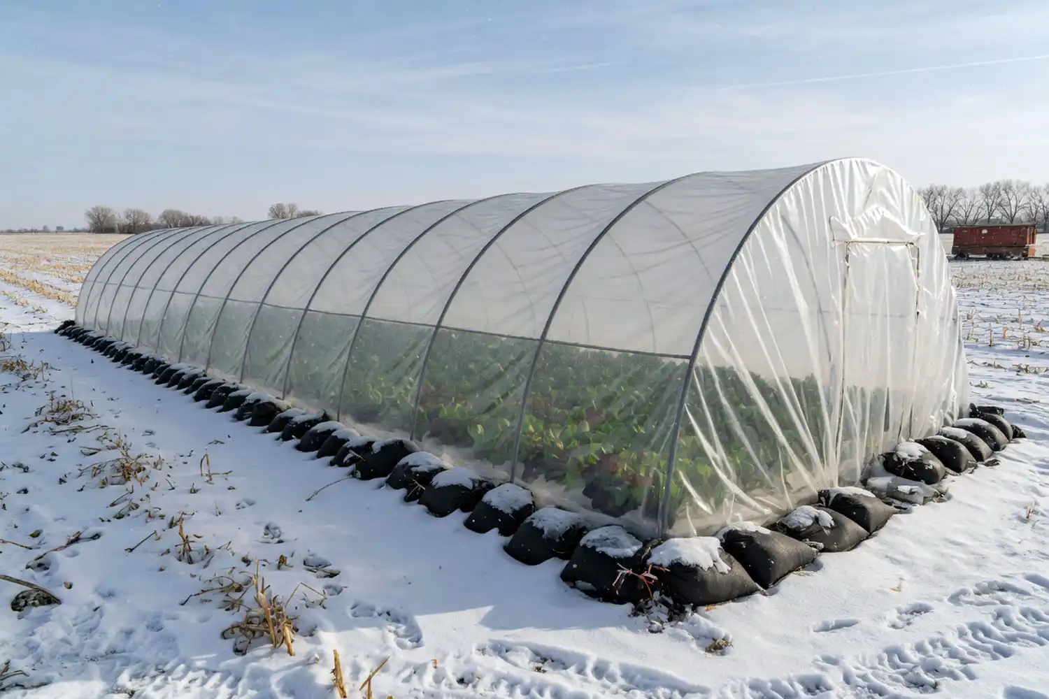 Low tunnel protecting winter lettuce plants on a snowy Kansas farm in January