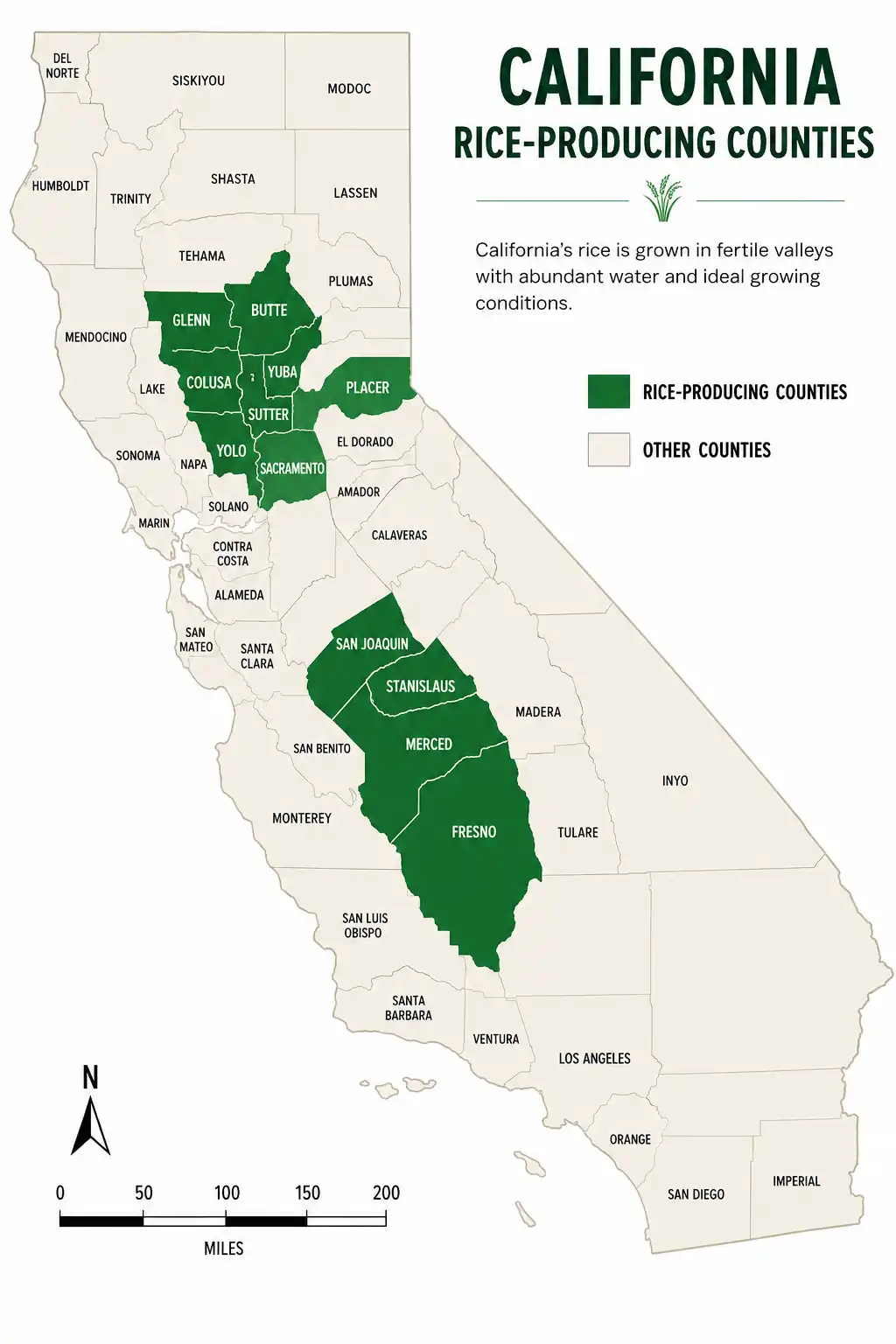 Map of California showing the Sacramento Valley and San Joaquin Valley counties where rice is grown