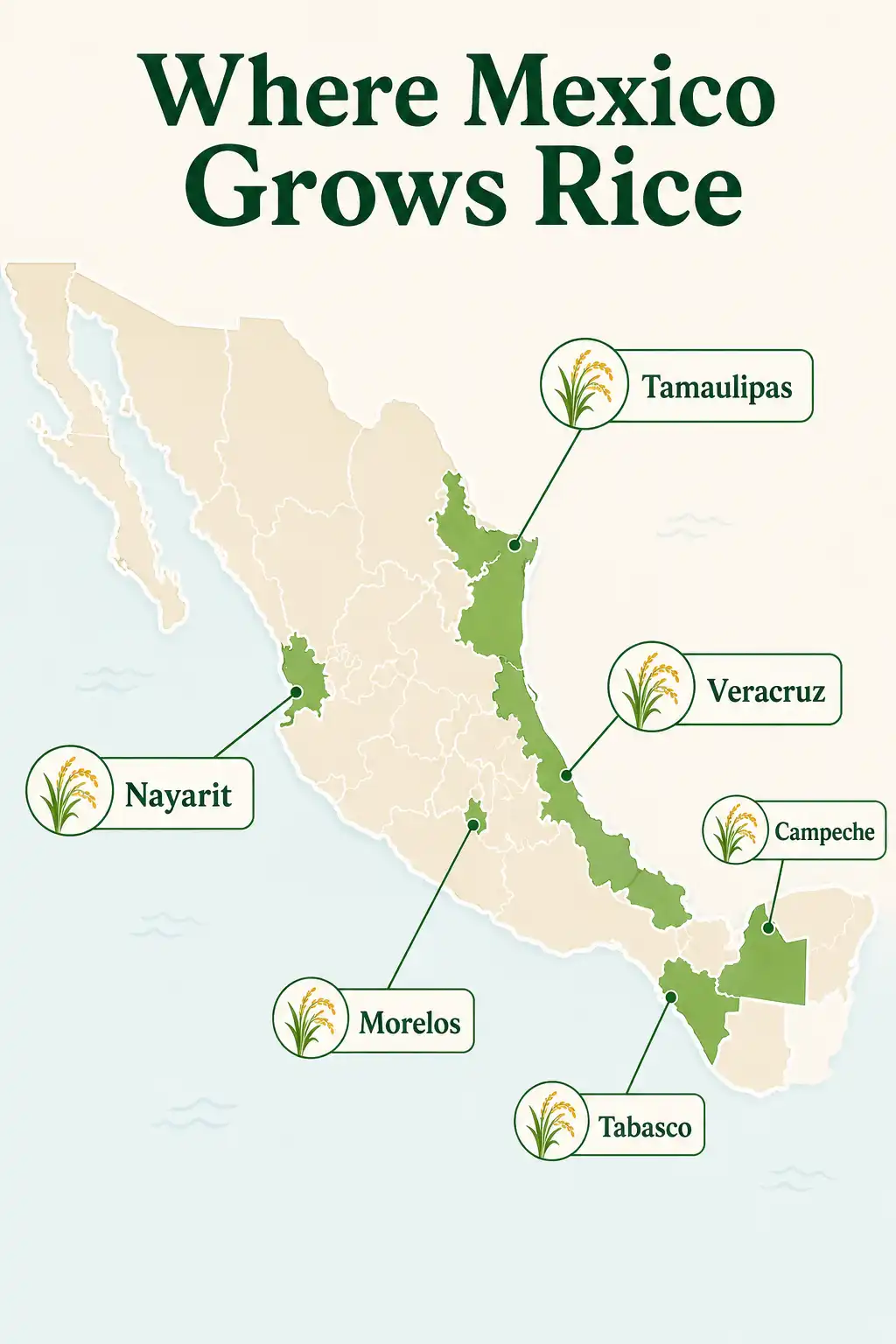 Infographic of the six main states where Mexico grows rice, including Campeche, Nayarit, and Morelos