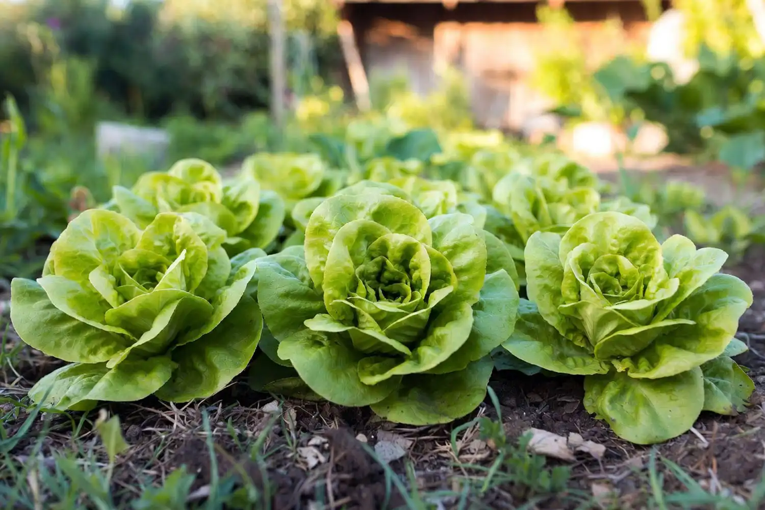 Mature butter lettuce heads with soft rosette leaves growing in a home garden row