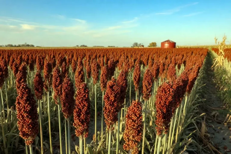 Ripe milo grain sorghum heads in a Kansas farm field