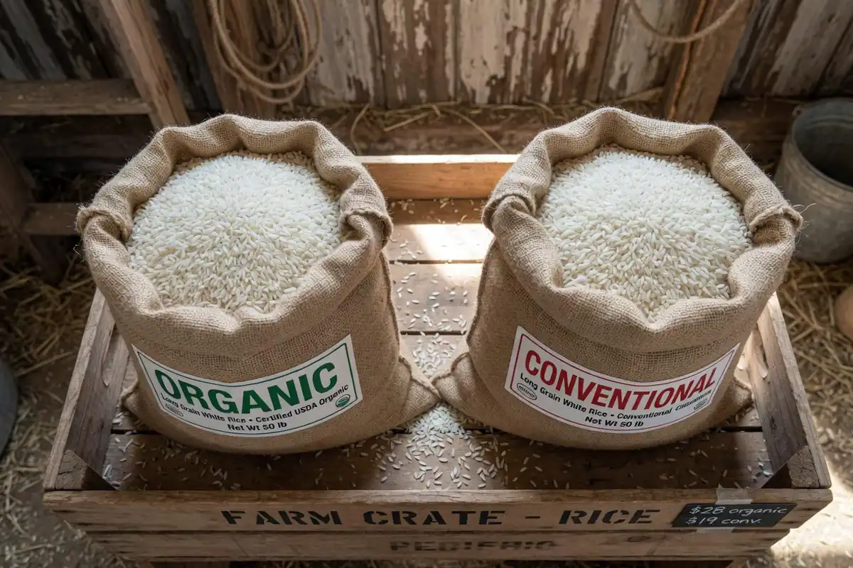 Organic rice and conventional rice in burlap sacks side by side for comparison