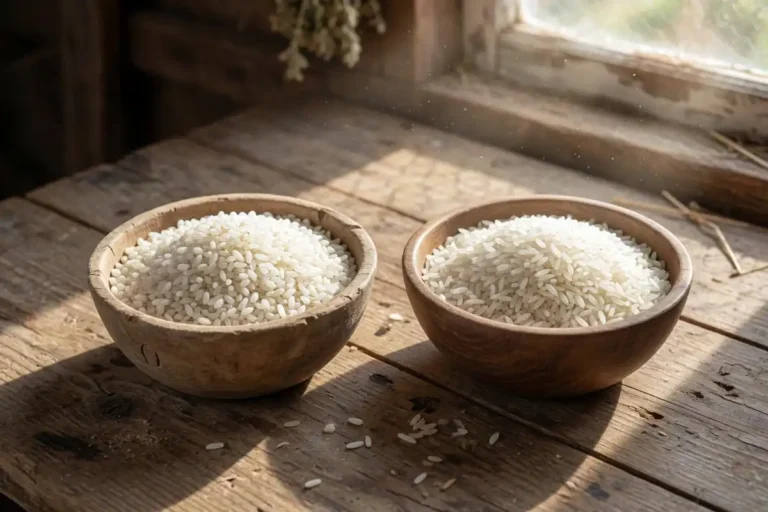 Organic rice and conventional rice grains compared side by side in wooden bowls