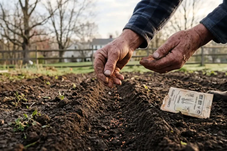 Farmer sowing carrot seeds in a Connecticut garden bed in early spring