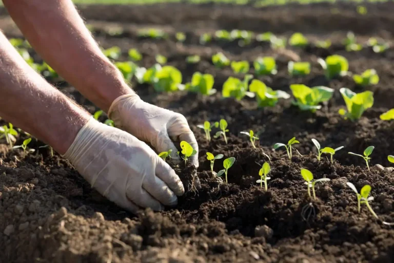 Farmer planting lettuce seedlings in cool spring soil during the ideal planting window in Kansas.