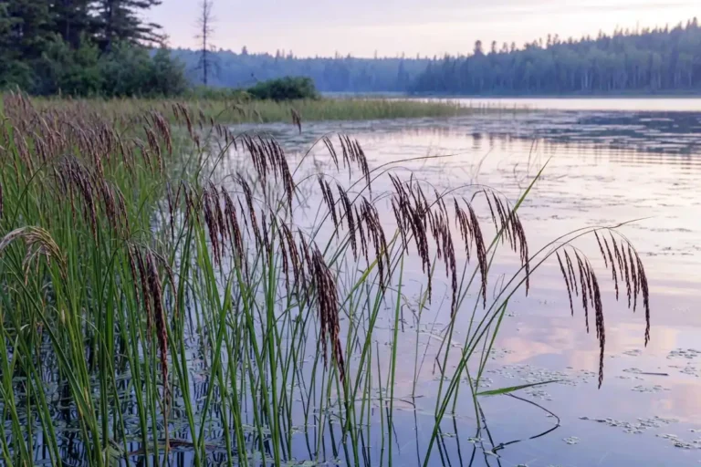Mature wild rice plants standing above shallow water, showing the kind of stand you want when learning how to plant wild rice