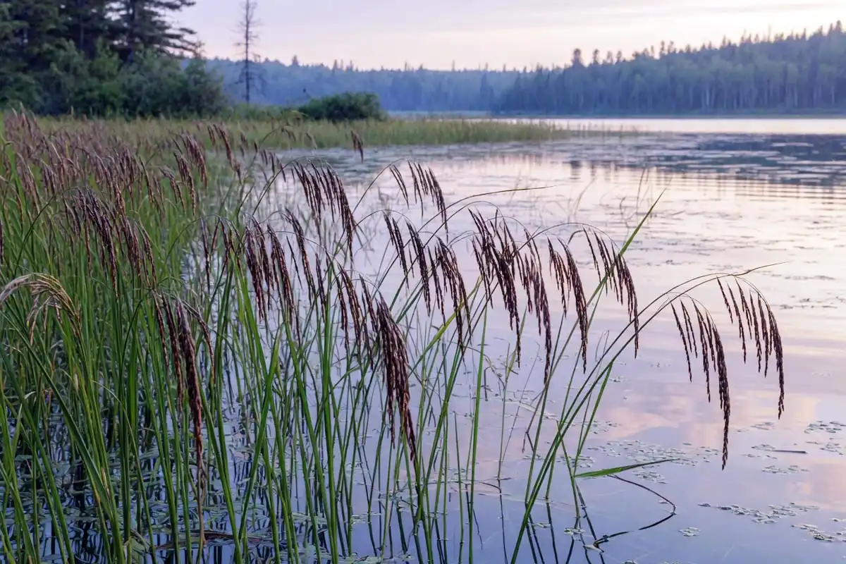 Mature wild rice plants standing above shallow water, showing the kind of stand you want when learning how to plant wild rice