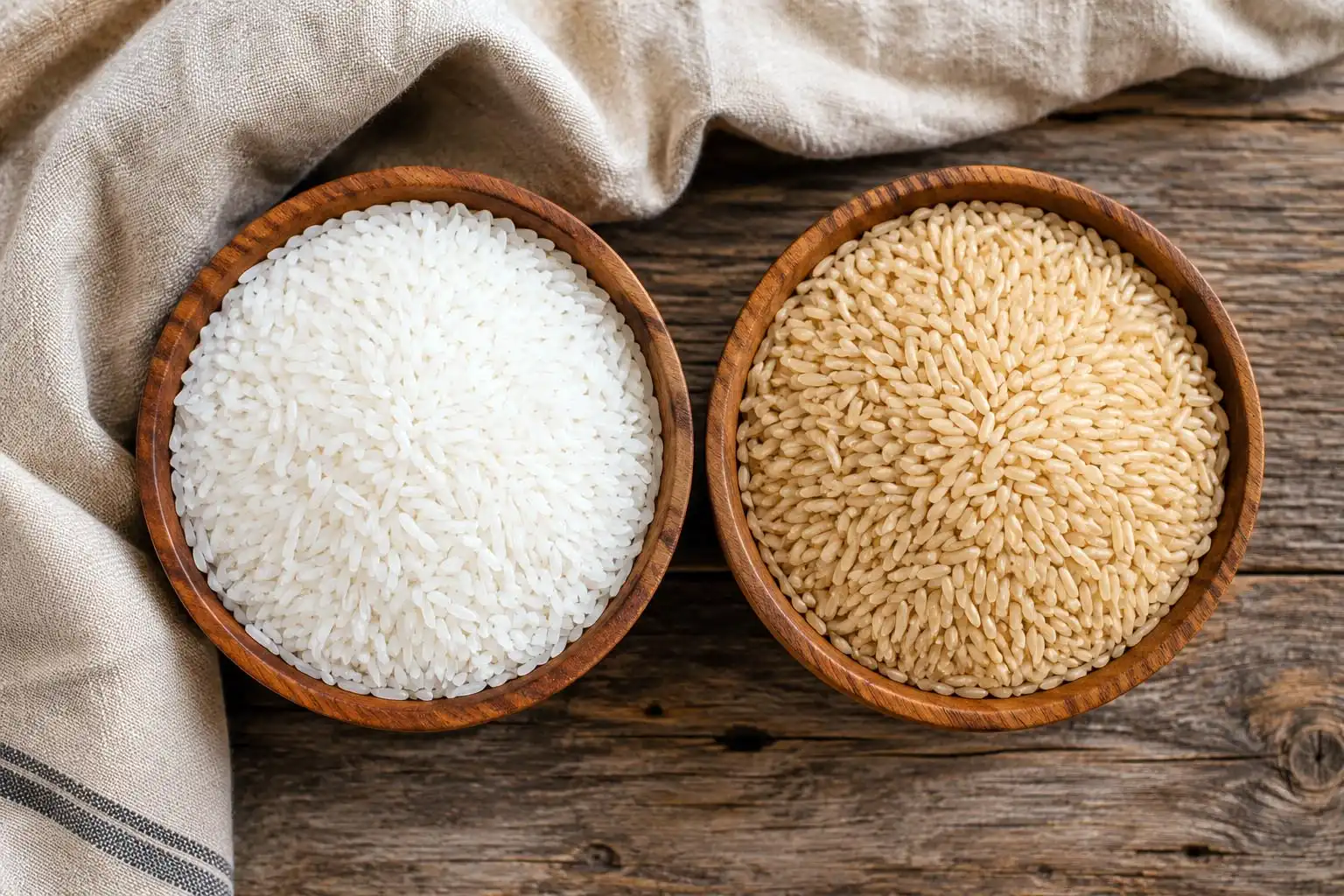 Polished white Sona Masoori rice vs unpolished brown Sona Masoori rice in wooden bowls