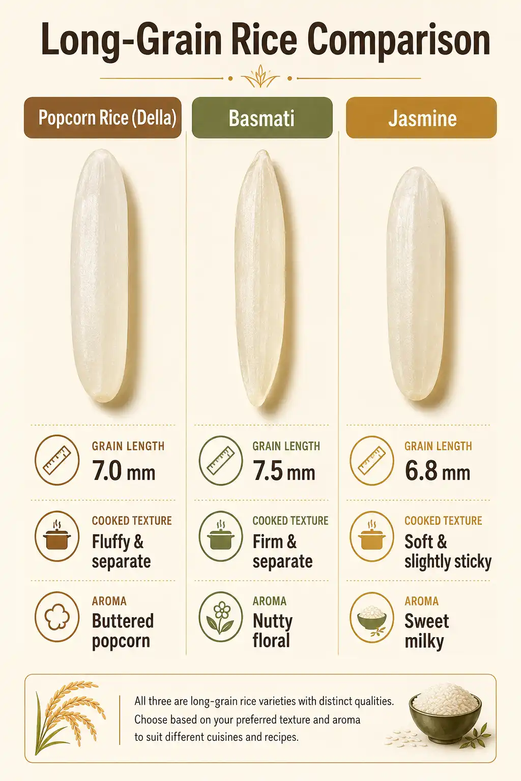 Comparison infographic of popcorn rice, basmati, and jasmine grain length, texture, and aroma side by side
