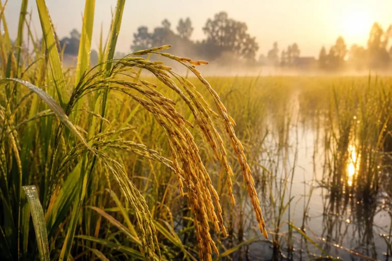 Mature Pusa Basmati rice panicles in a flooded paddy at harvest