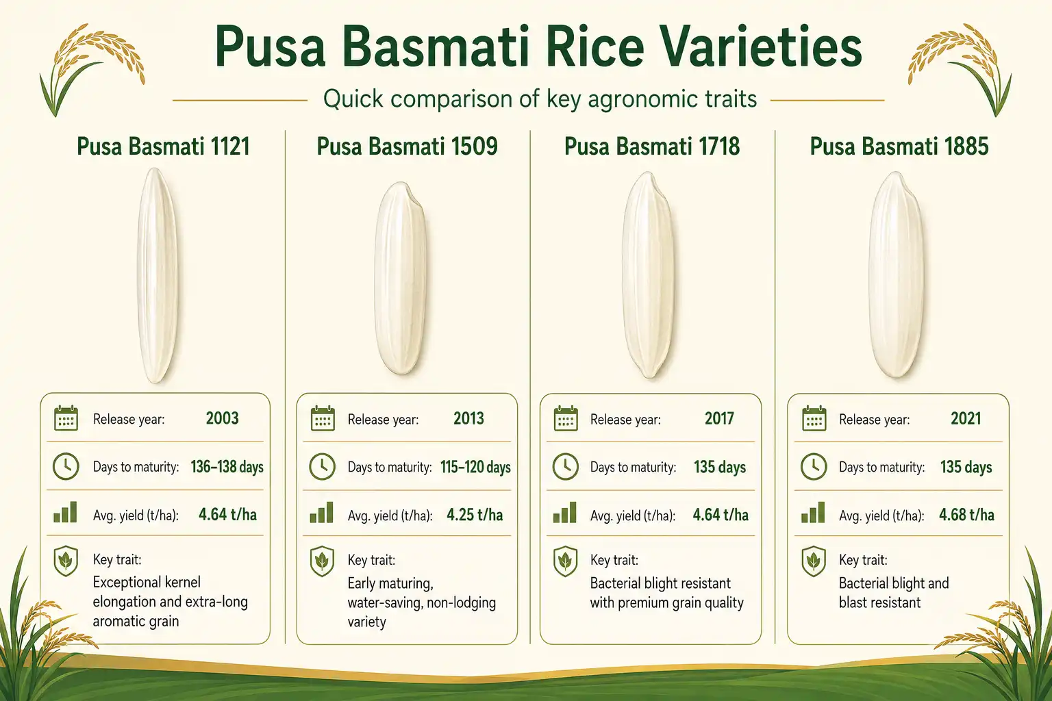 Infographic comparing Pusa Basmati 1121, 1509, 1718, and 1885 varieties