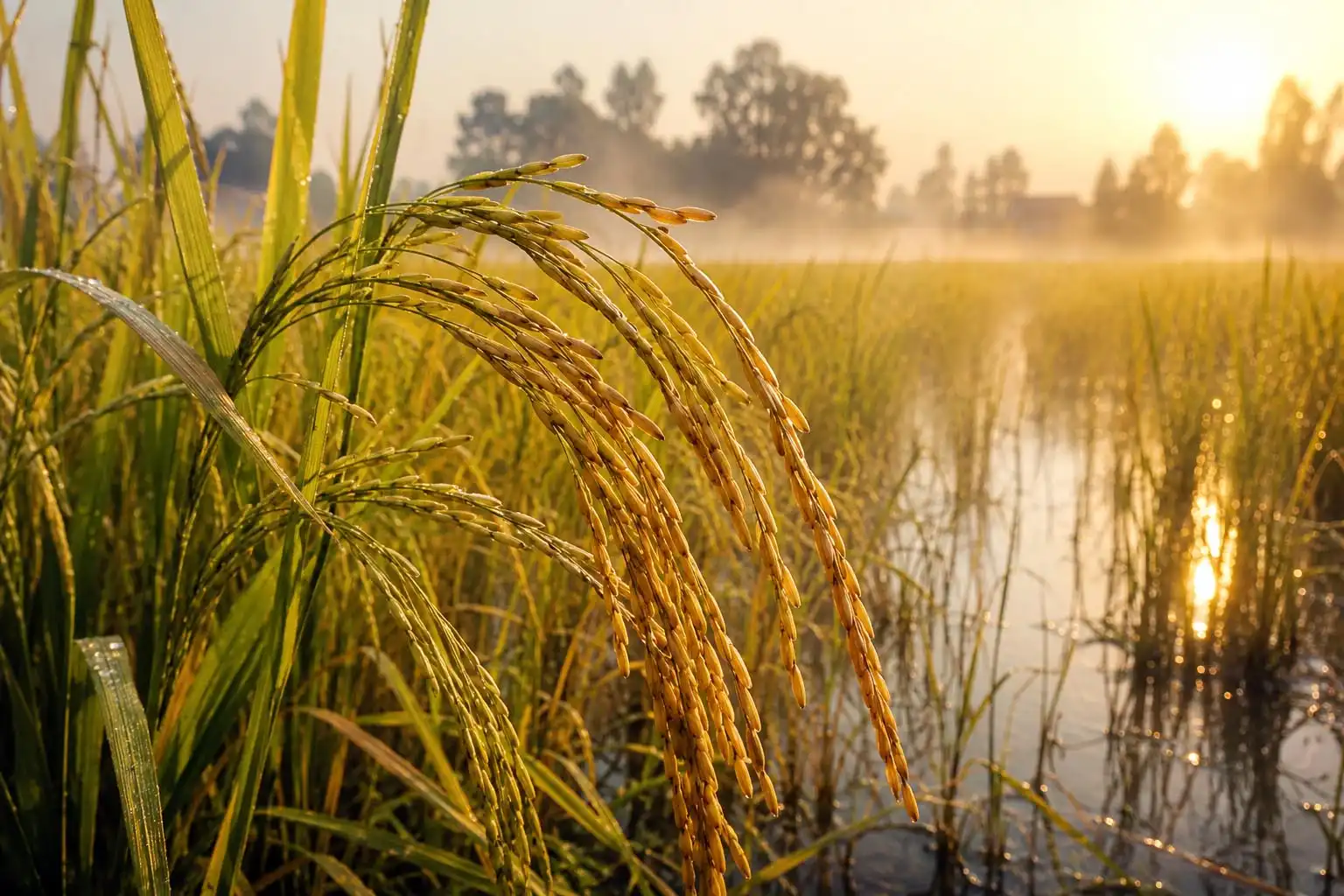 Mature Pusa Basmati rice panicles in a flooded paddy at harvest