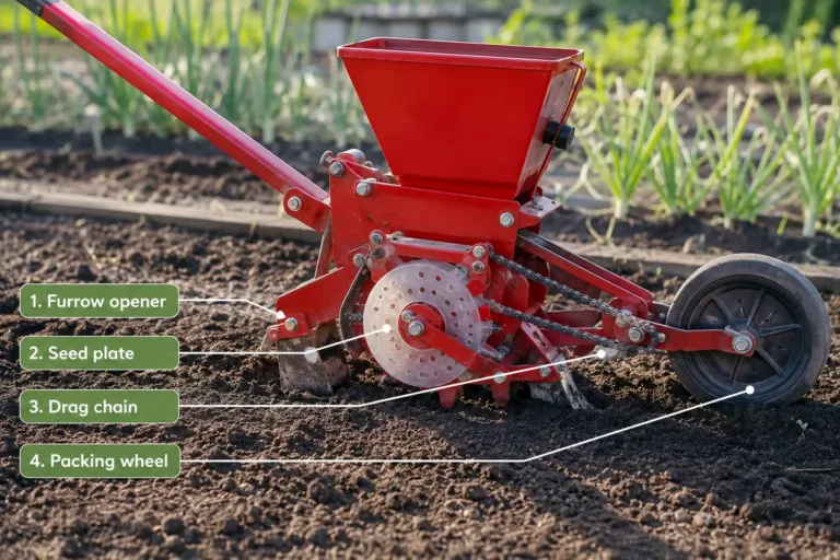 A garden seeder places one seed at a set depth and spacing, shown with the furrow opener, seed plate, drag chain, and packing wheel labeled in sequence.