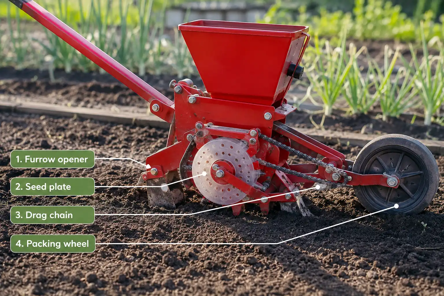 A garden seeder places one seed at a set depth and spacing, shown with the furrow opener, seed plate, drag chain, and packing wheel labeled in sequence.