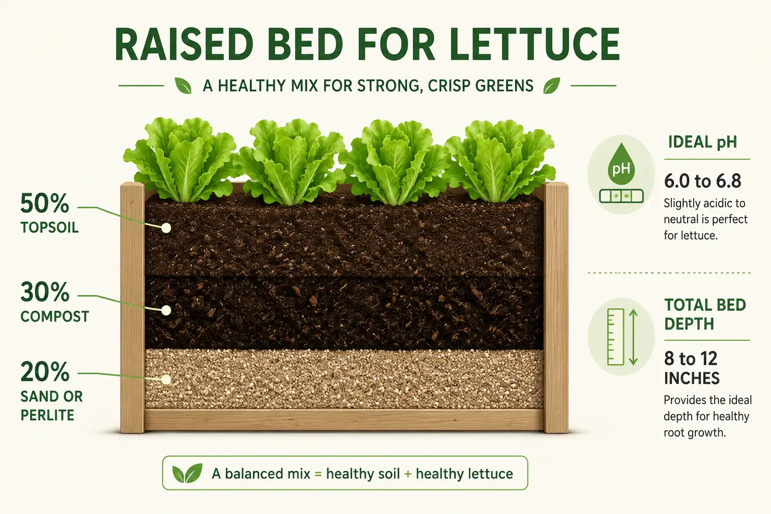 Soil layer diagram for planting lettuce in a raised bed showing topsoil compost and drainage materials