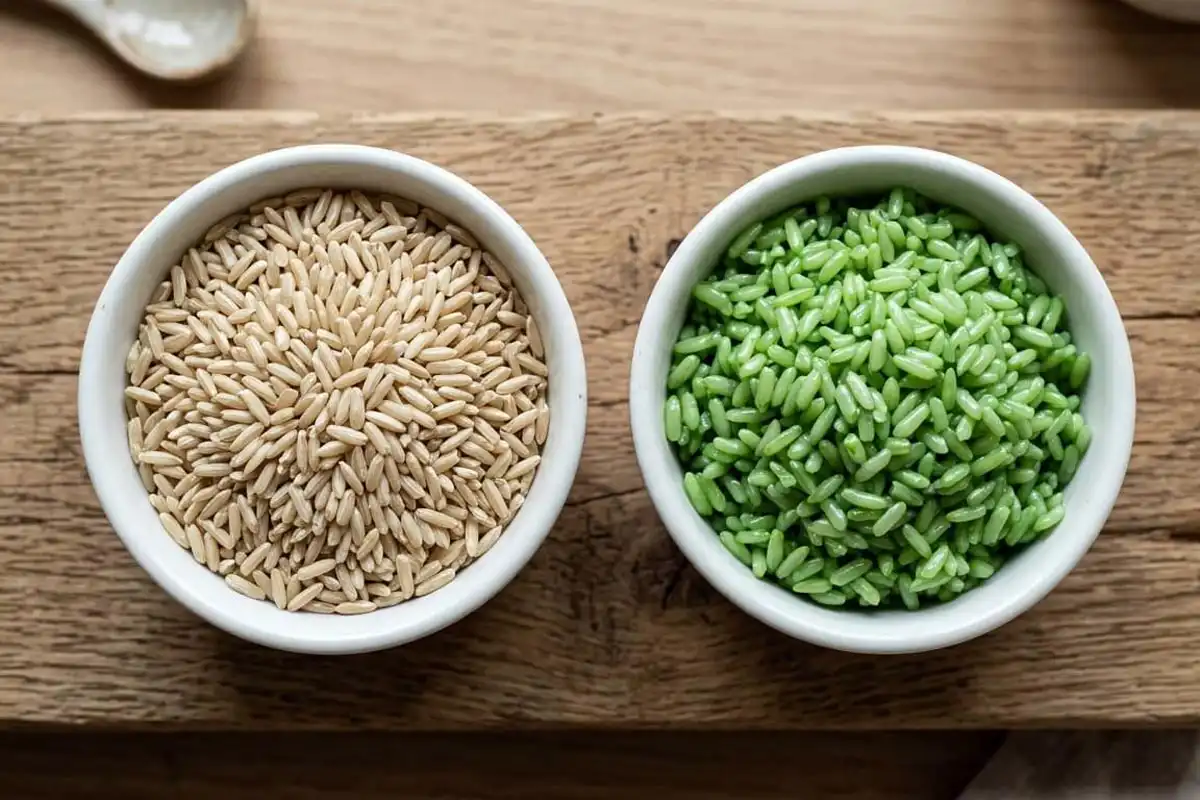Real bamboo rice next to green bamboo infused rice in two bowls
