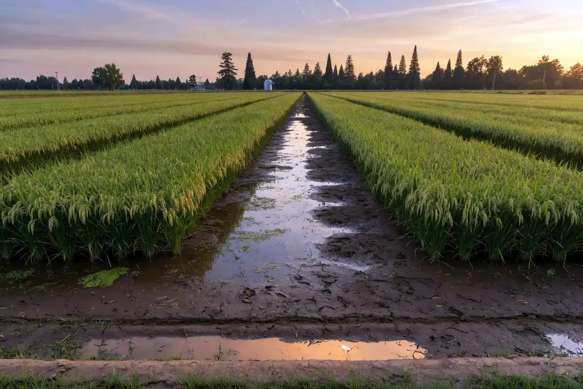 Regenerative rice field using alternate wetting and drying to cut methane and protect soil health