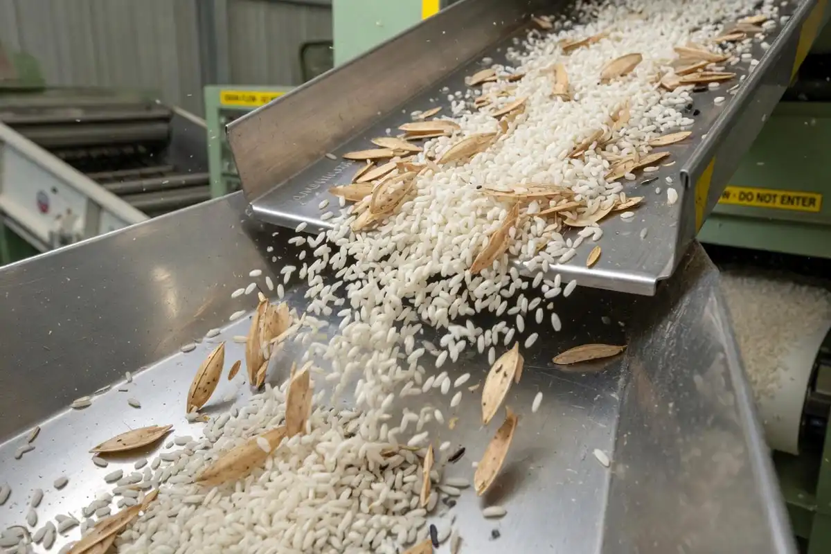 Rice milling process removing hulls and bran that hold pesticide residues