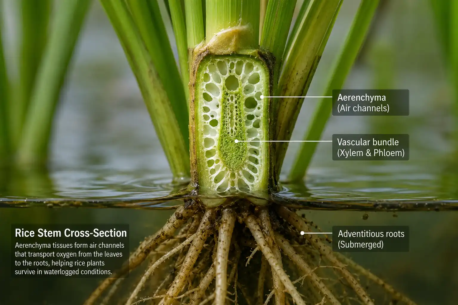 Rice aerenchyma tissue that lets rice grow in flooded paddies