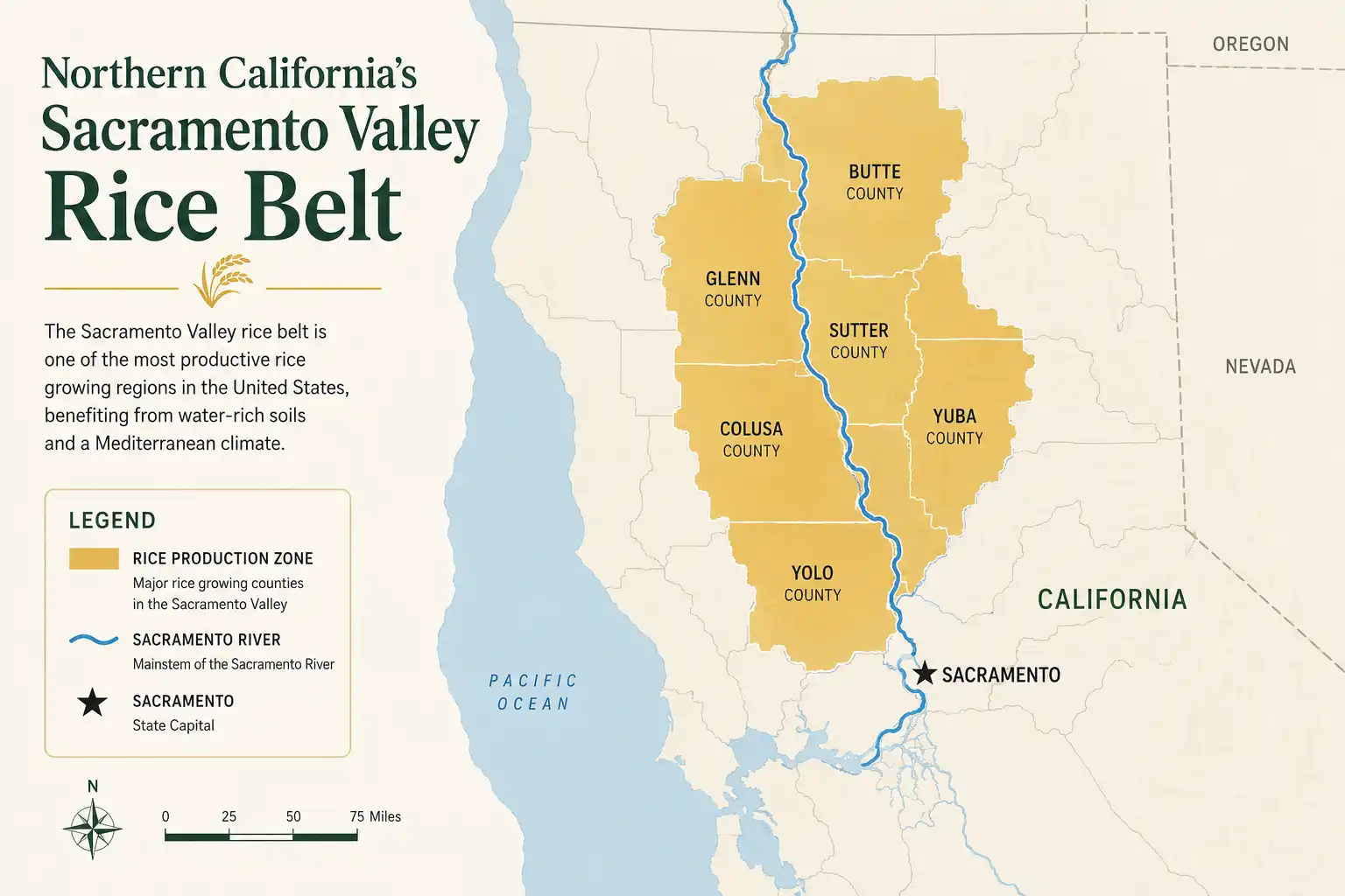 Map about where Calrose rice is grown across six counties in California's Sacramento Valley