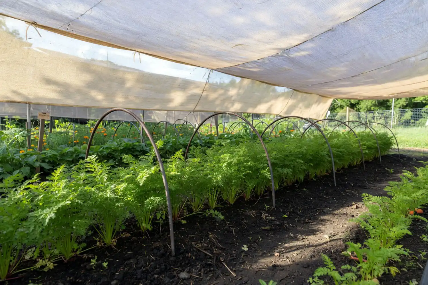 Shade cloth over carrots reducing afternoon heat stress in summer