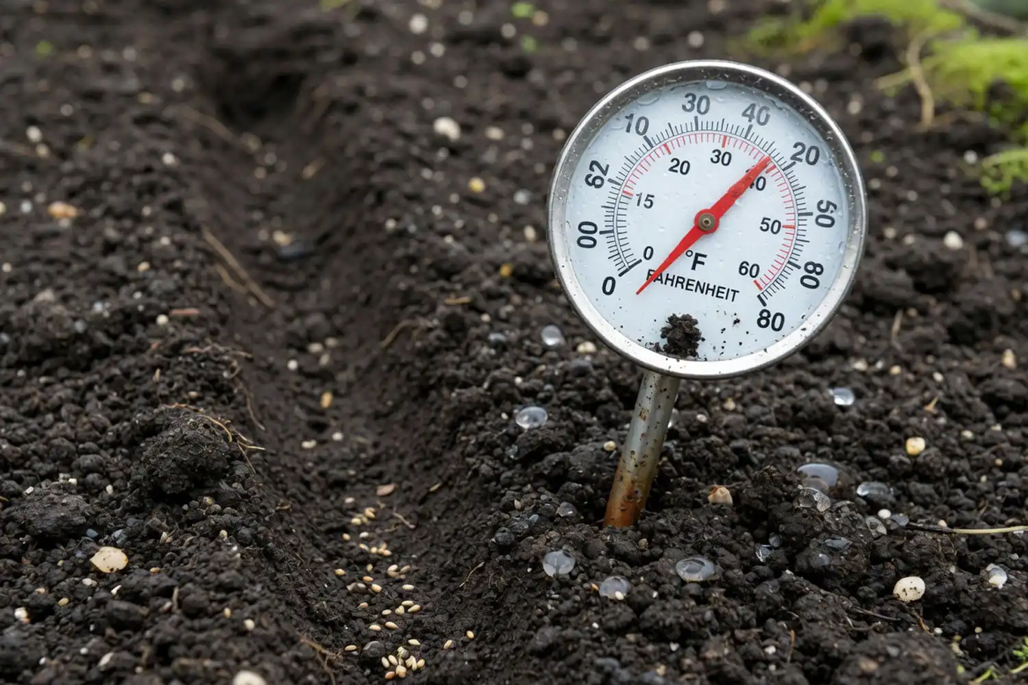 Soil thermometer reading 55 degrees in a carrot seedbed before planting