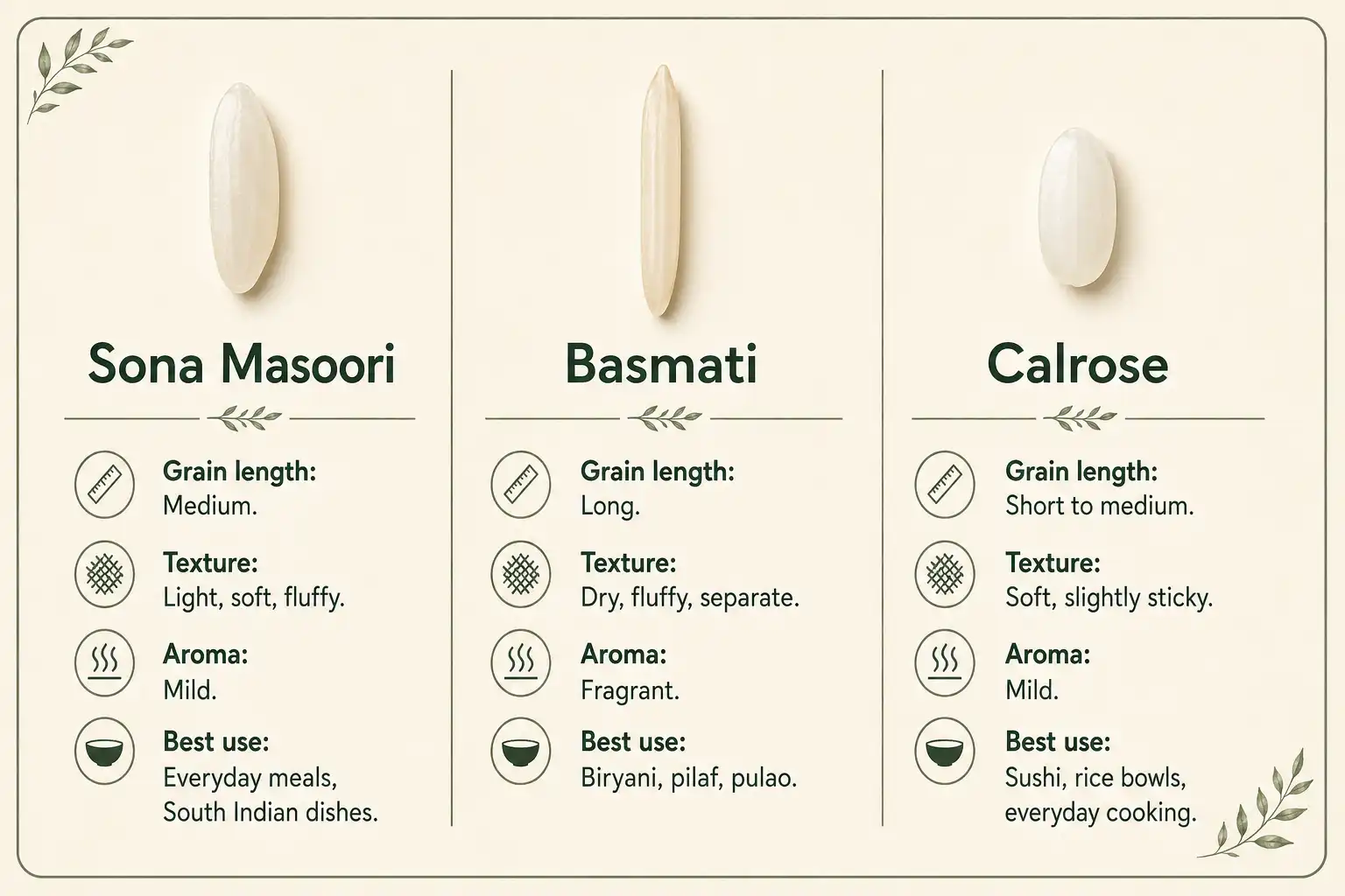 Sona Masoori vs Basmati vs Calrose rice comparison chart