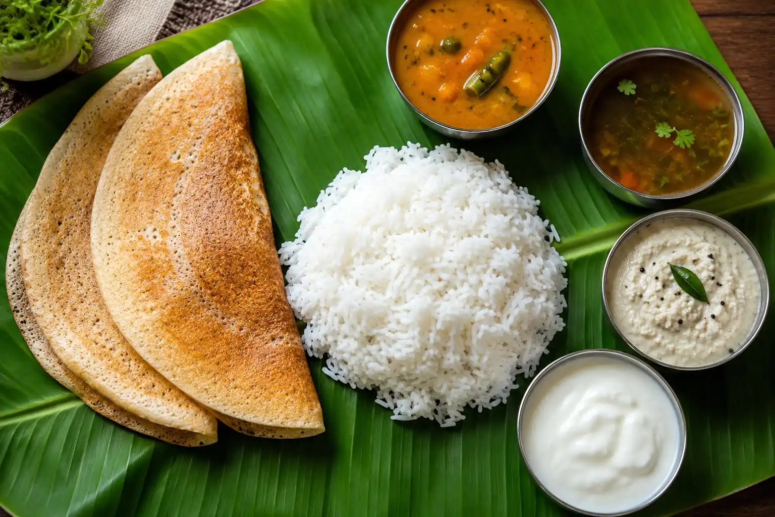 South Indian thali featuring steamed Sona Masoori rice served with sambar, rasam, chutney, and dosa on a banana leaf