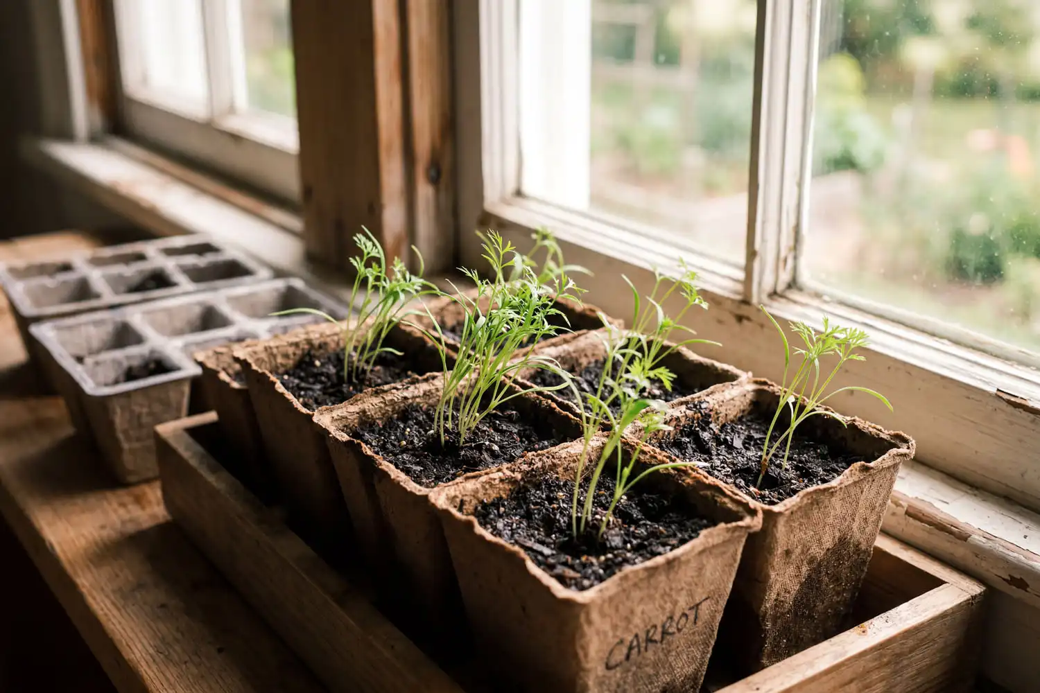 Carrot seedlings started indoors in deep biodegradable pots on a windowsill