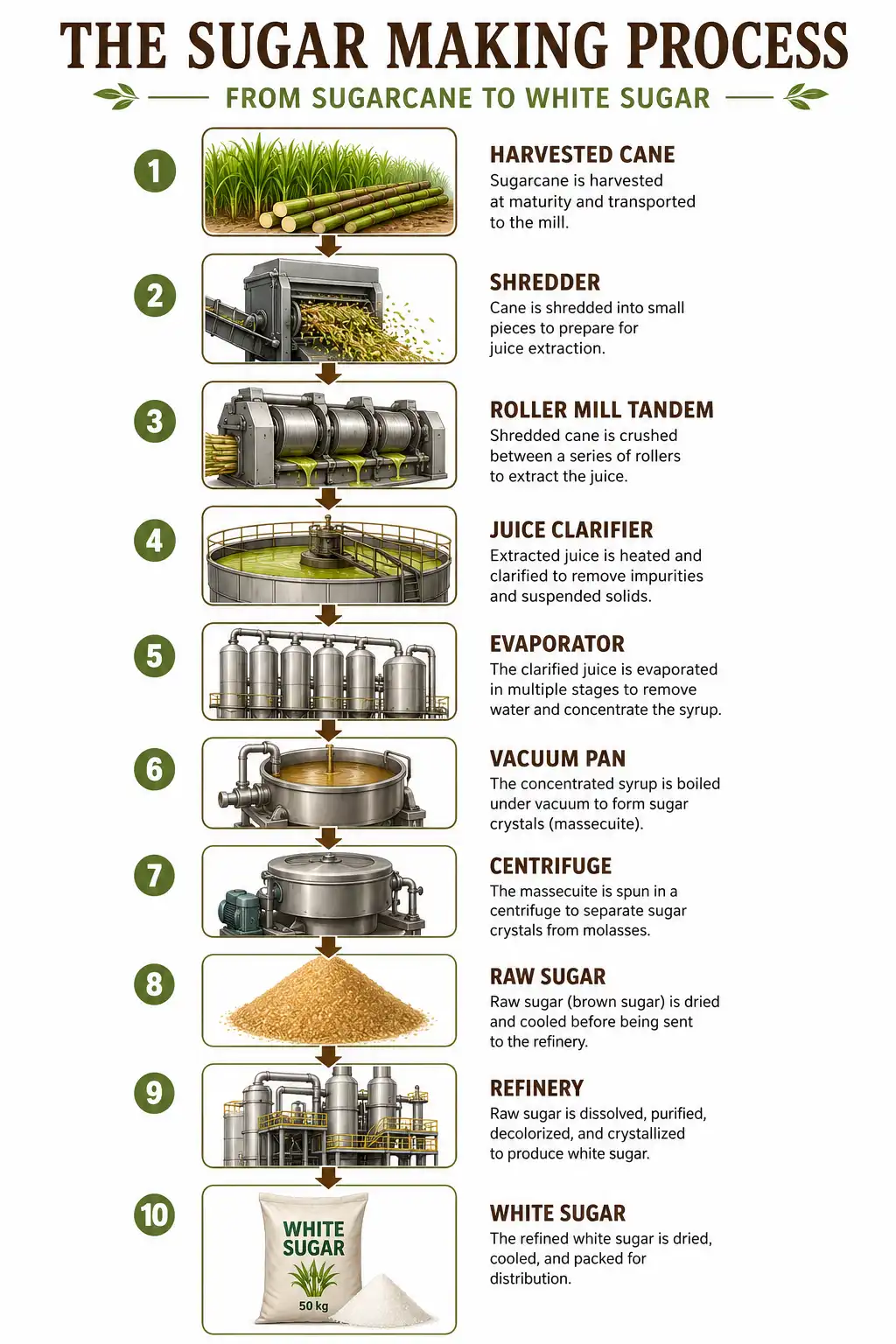 Step by step infographic of how sugar is made from sugarcane in a mill