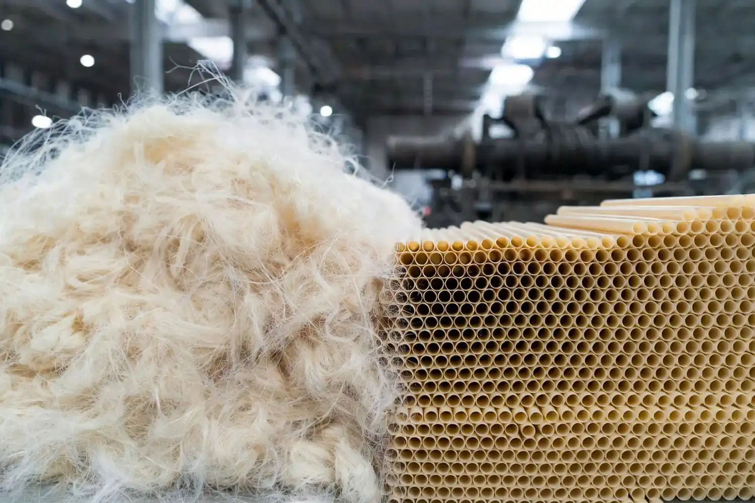 Raw sugarcane bagasse fiber transformed into finished beige drinking straws at a processing mill