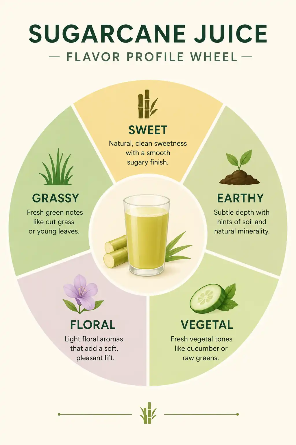 Infographic of sugarcane juice flavor profile with five taste notes around a glass
