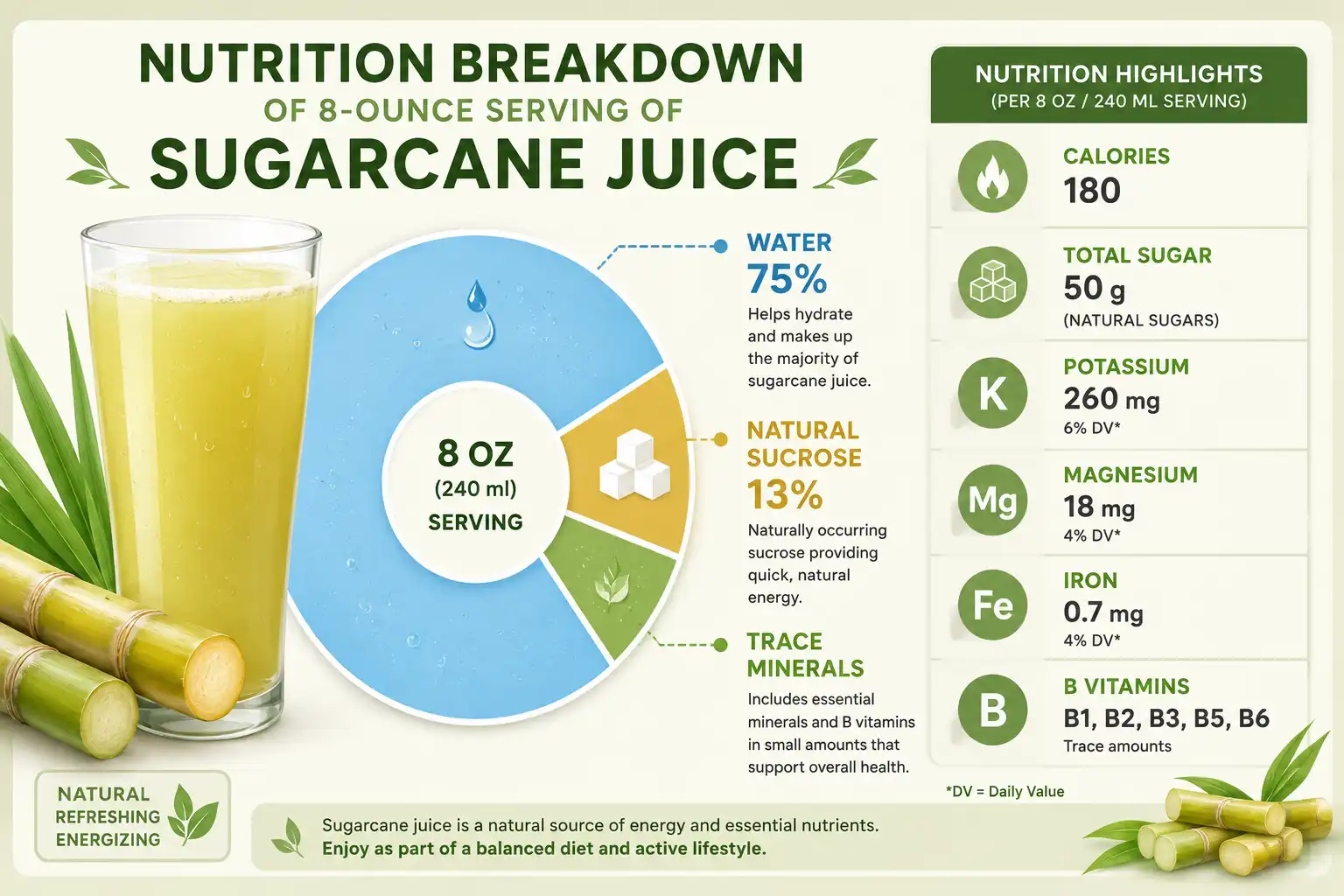 Infographic of nutrition facts and mineral content per 8 ounce serving of sugarcane juice