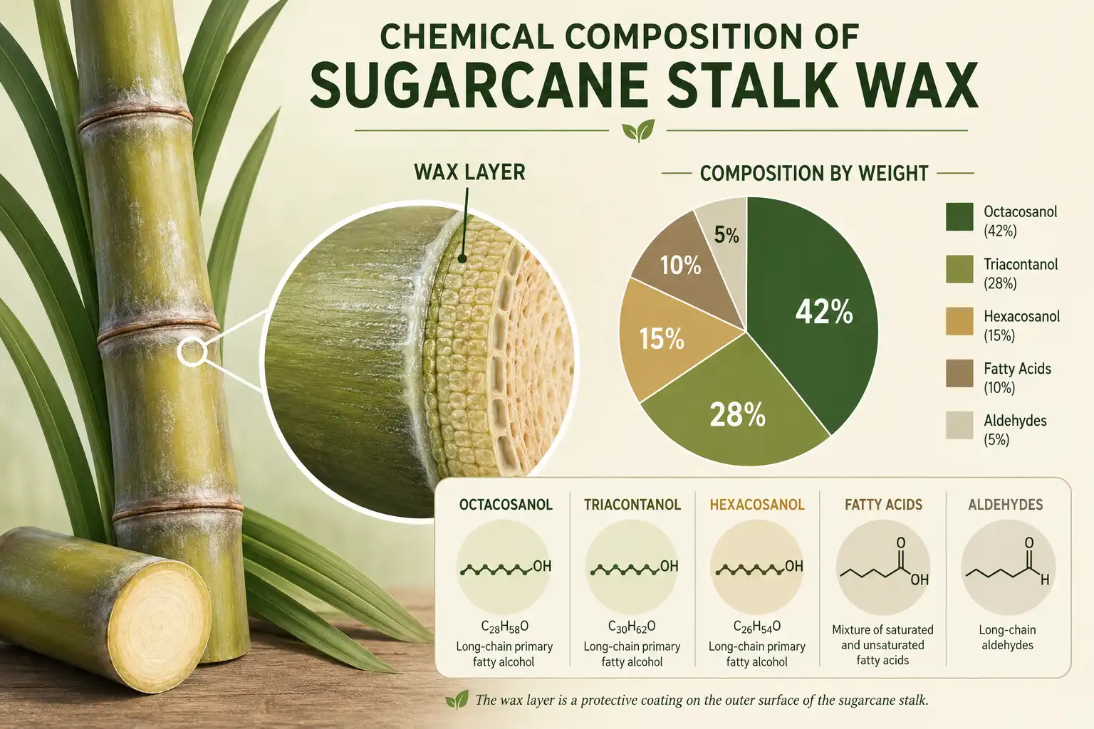 Infographic of the chemical composition of natural wax on sugarcane stalks including policosanol