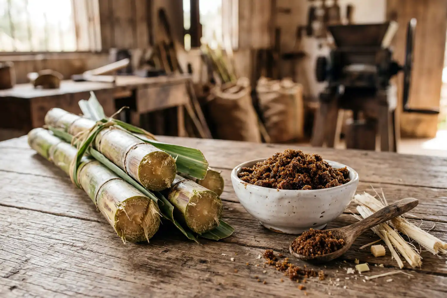 Freshly cut sugarcane stalks beside a bowl of brown sugar showing how brown sugar is made from sugarcane