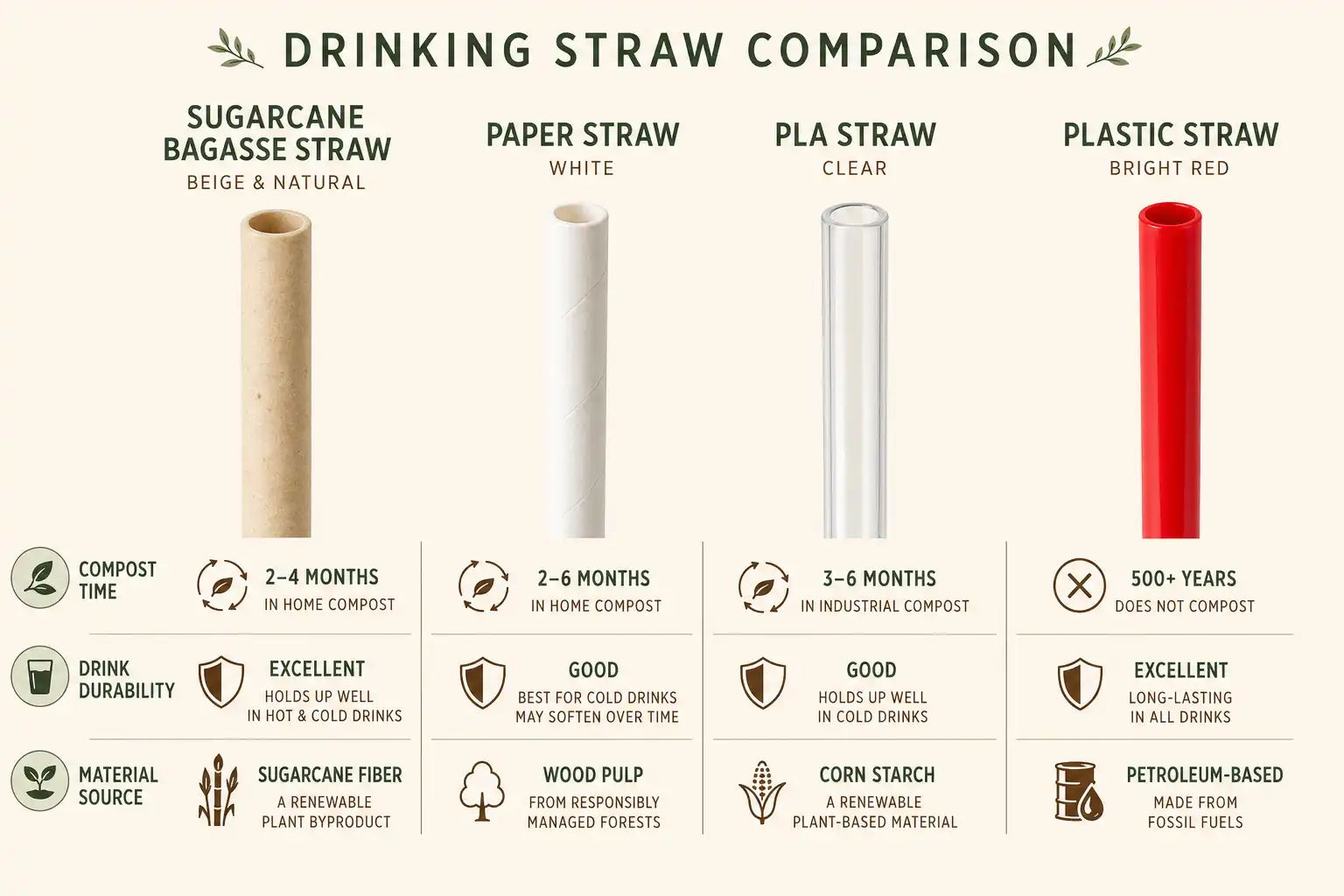 Comparison chart of sugarcane bagasse straws versus paper, PLA, and plastic straws by compost time, durability, and material source