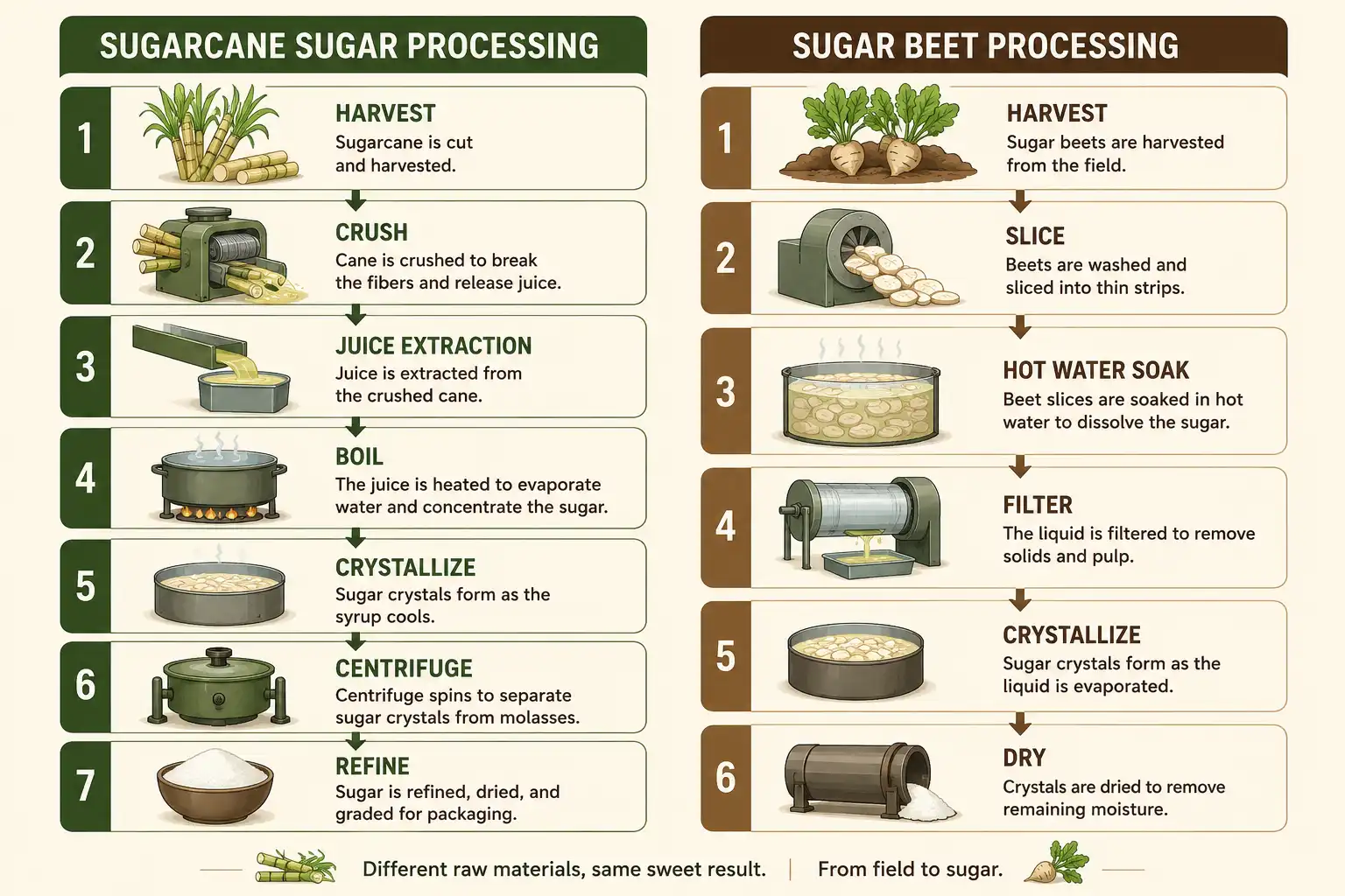 Infographic comparing how sugarcane sugar and sugar beet sugar are processed step by step
