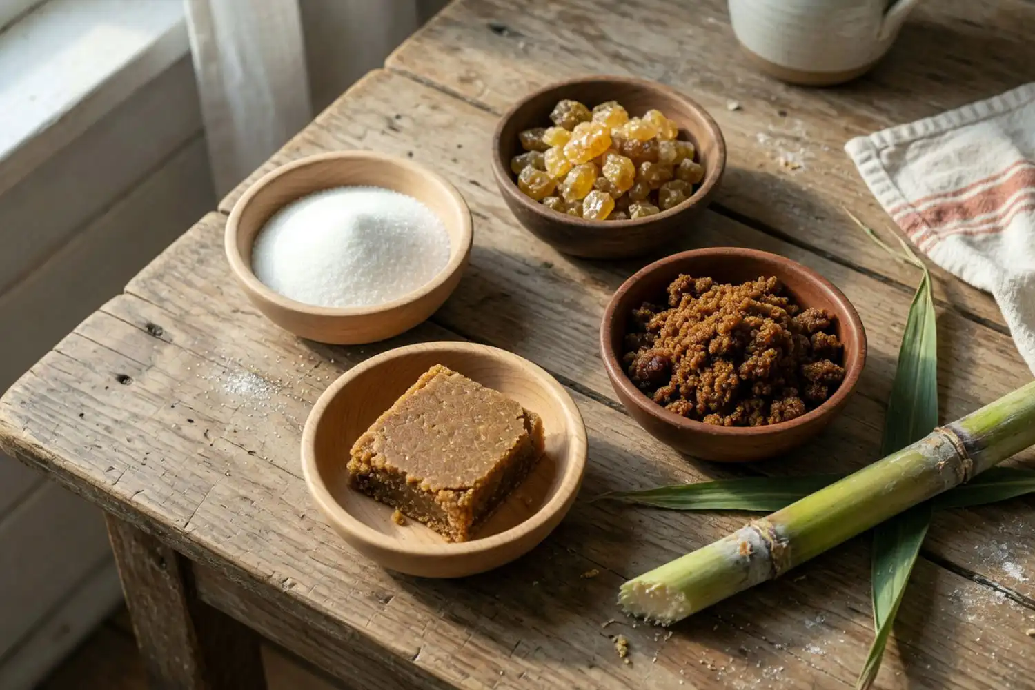 Sugarcane sugar varieties including turbinado muscovado and panela next to refined white sugar