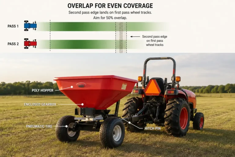 A tow behind broadcast spreader pulled by a tractor covers roughly three quarters of an acre per 130 pound fill at 175 pounds per acre, with passes spaced so each throw edge reaches the previous wheel tracks.