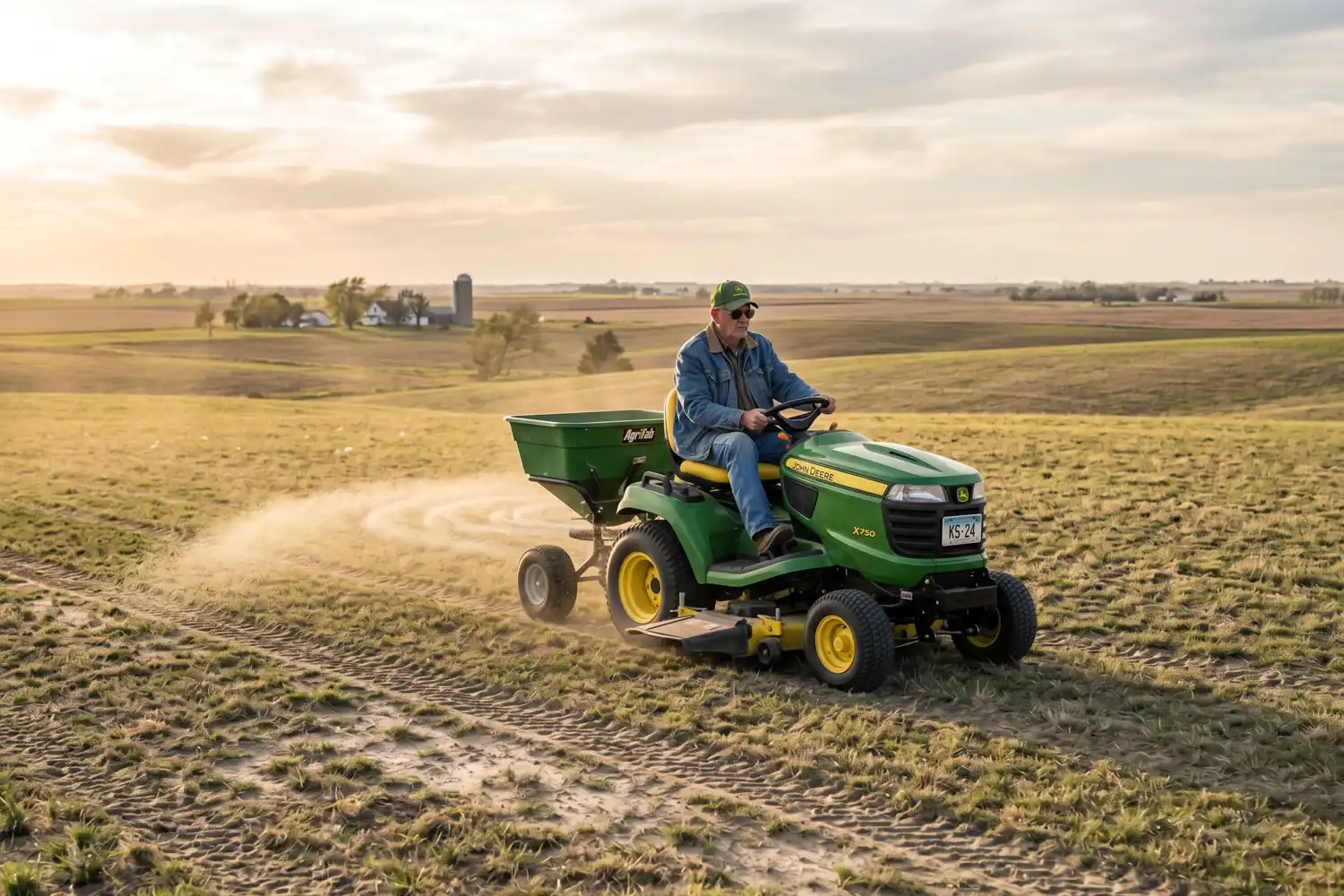 Tow behind broadcast spreader fanning fertilizer behind a lawn tractor on an open field