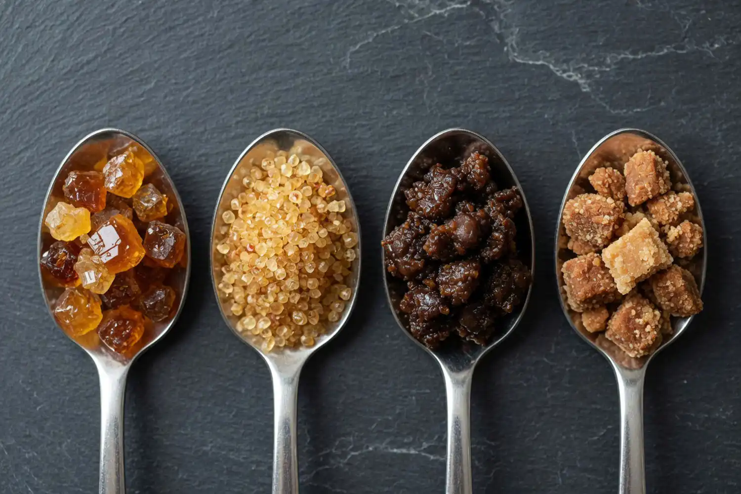 Different sugarcane sugar types showing turbinado demerara muscovado and panela textures and colors