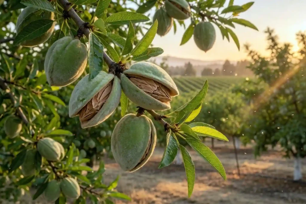 almond drupes ripening on a tree branch in orchard