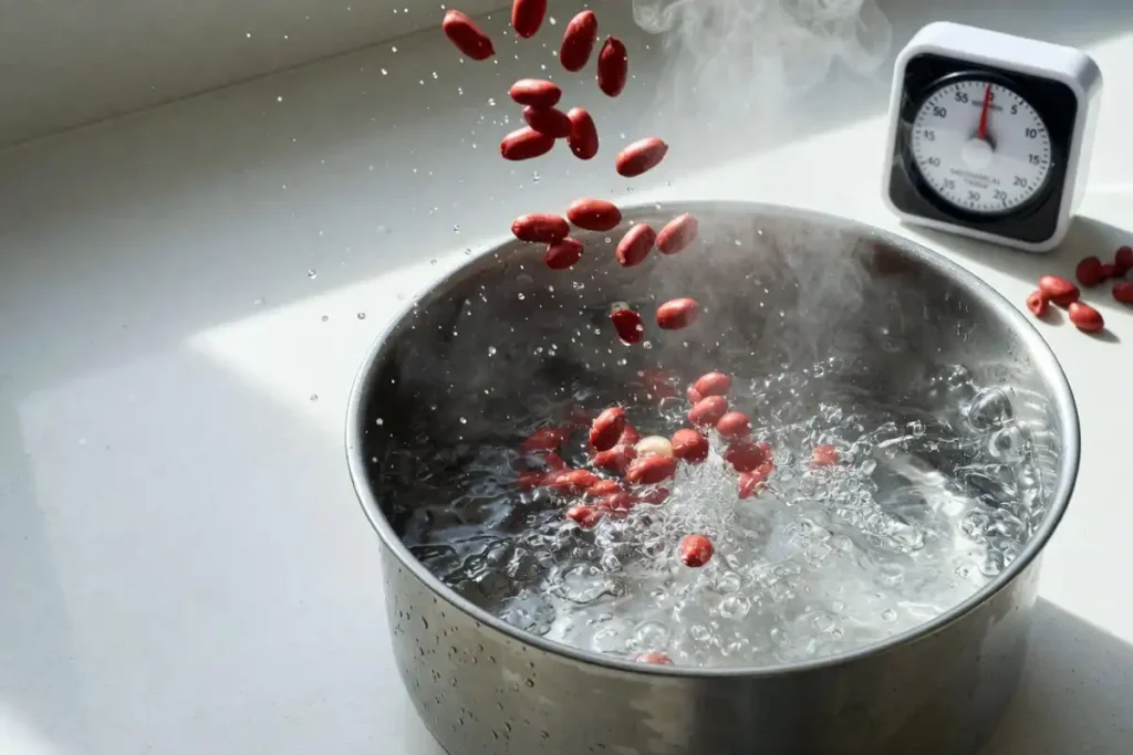 Raw red-skin peanuts blanching in boiling water
