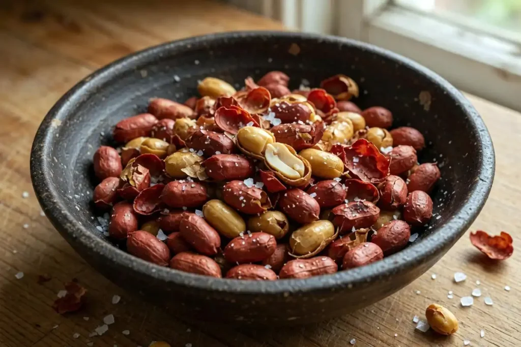 Bowl of blistered peanuts with cracked red skins