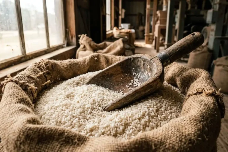 Small broken white rice kernels known as brewers rice piled in a burlap sack at a rice mill