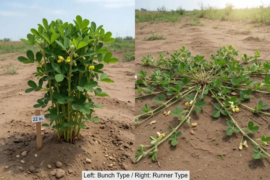 comparison of upright bunch peanut and prostrate runner peanut habit