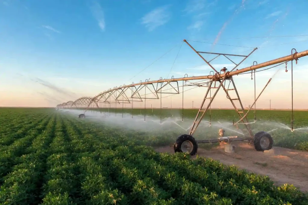 Center pivot irrigating peanut field in West Texas